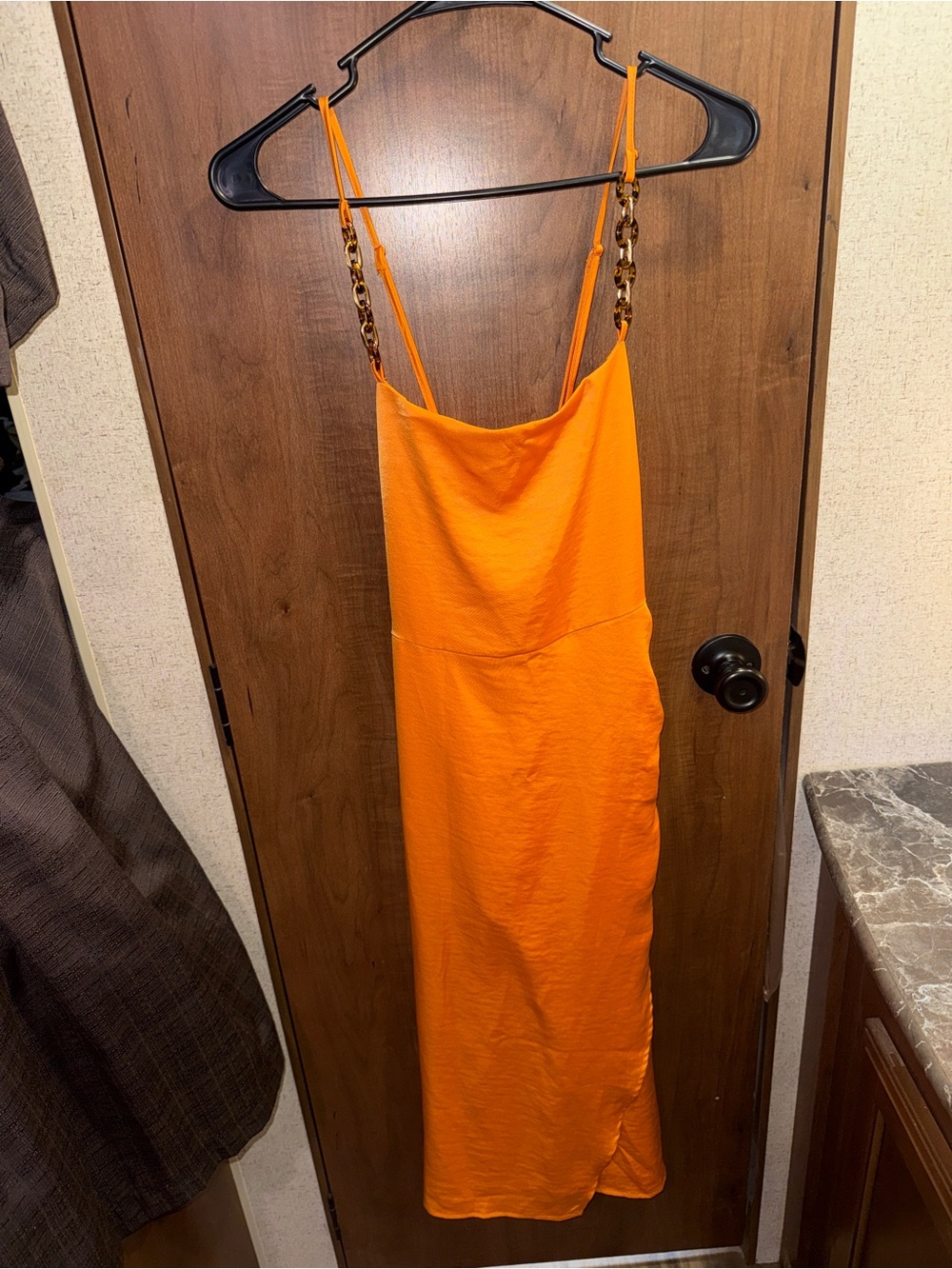 House of Harlow 1960 Orange Midi Slip Dress with Tortoiseshell Chain Straps